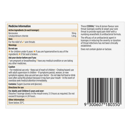 Codral Sore Throat Lozenges Antibacterial + Anaesthetic Lime & Lemon 36 Pack