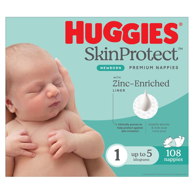Huggies Skin Protect Nappies Size 1 Newborn Jumbo 108 Pack