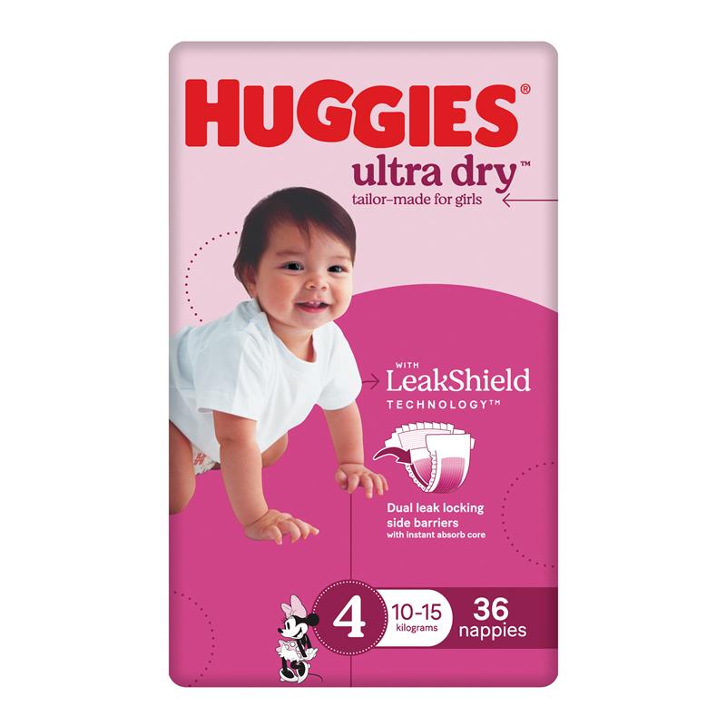 Huggies Ultra Dry Nappies Girls Size 4 (10-15kg) 36 Pack
