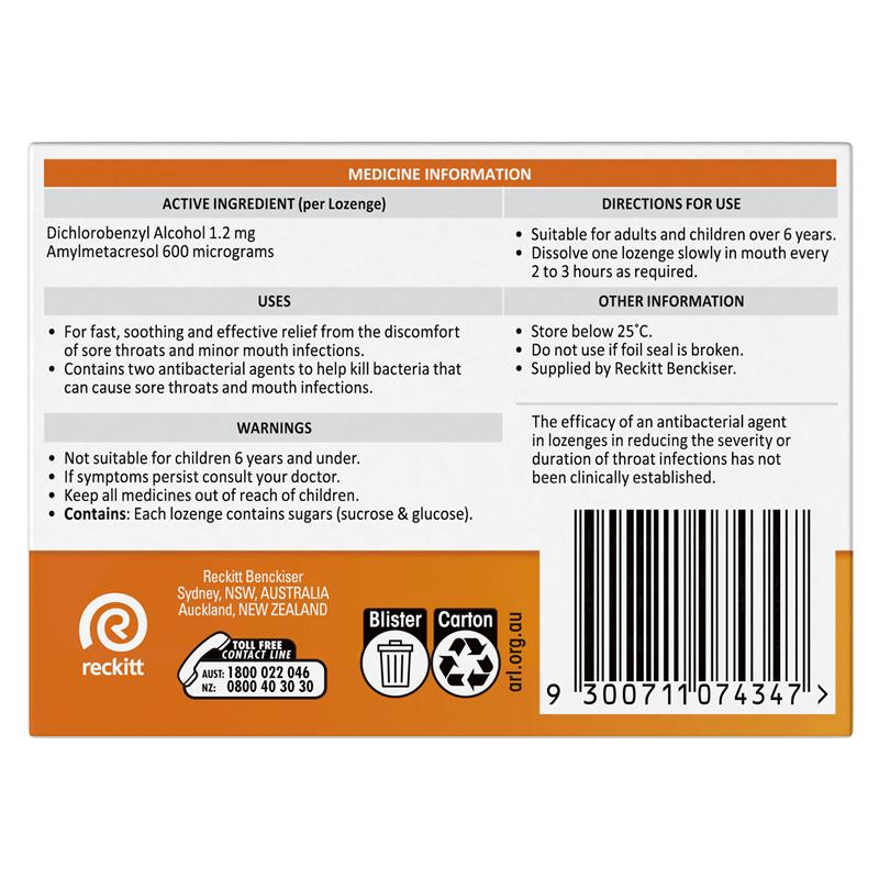 Strepsils Soothing Lozenges Orange 16pk Sore Throat Double Antibacterial