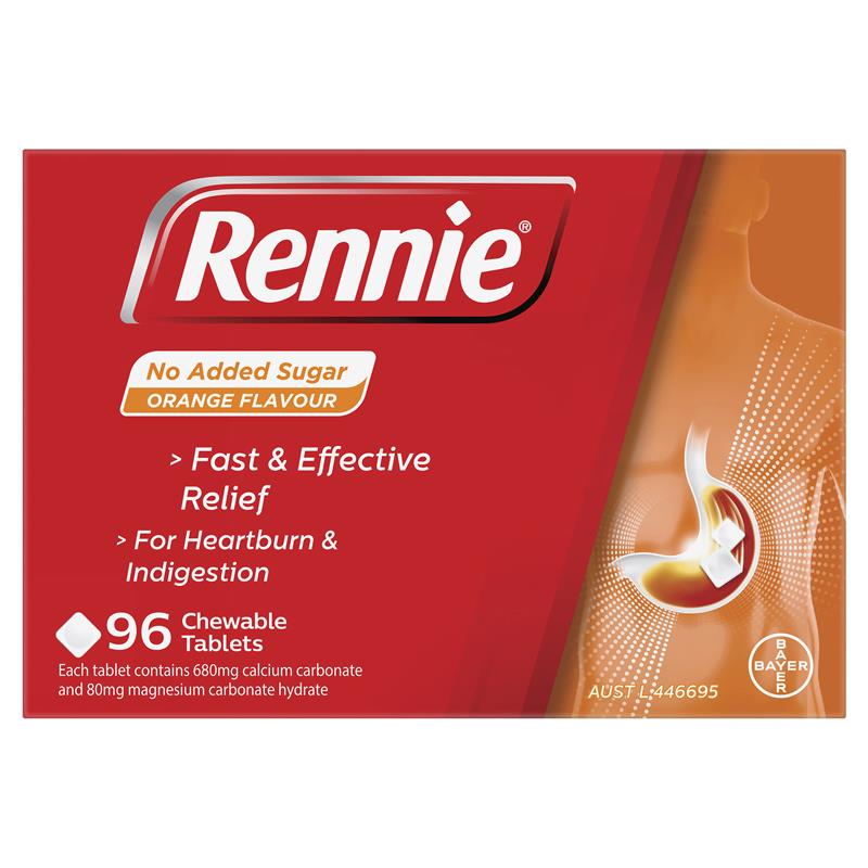 Rennie No Added Sugar Indigestion and Heartburn Relief Orange 96 Chewable Tablets