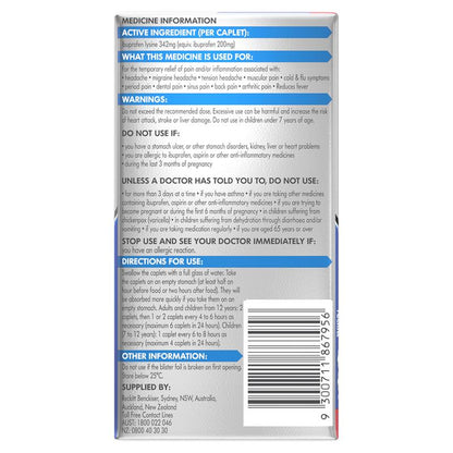 Nurofen Quickzorb Pain Relief Caplets 96 pack Ibuprofen Lysine 342mg