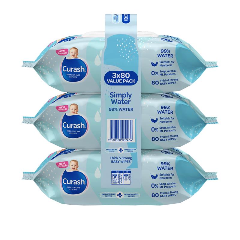 Curash Simply Water Wipes 3 x 80 Pack