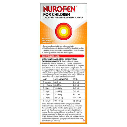 Nurofen For Children 3 months - 5 years Pain and Fever Relief 100mg/5mL Ibuprofen Strawberry 200mL