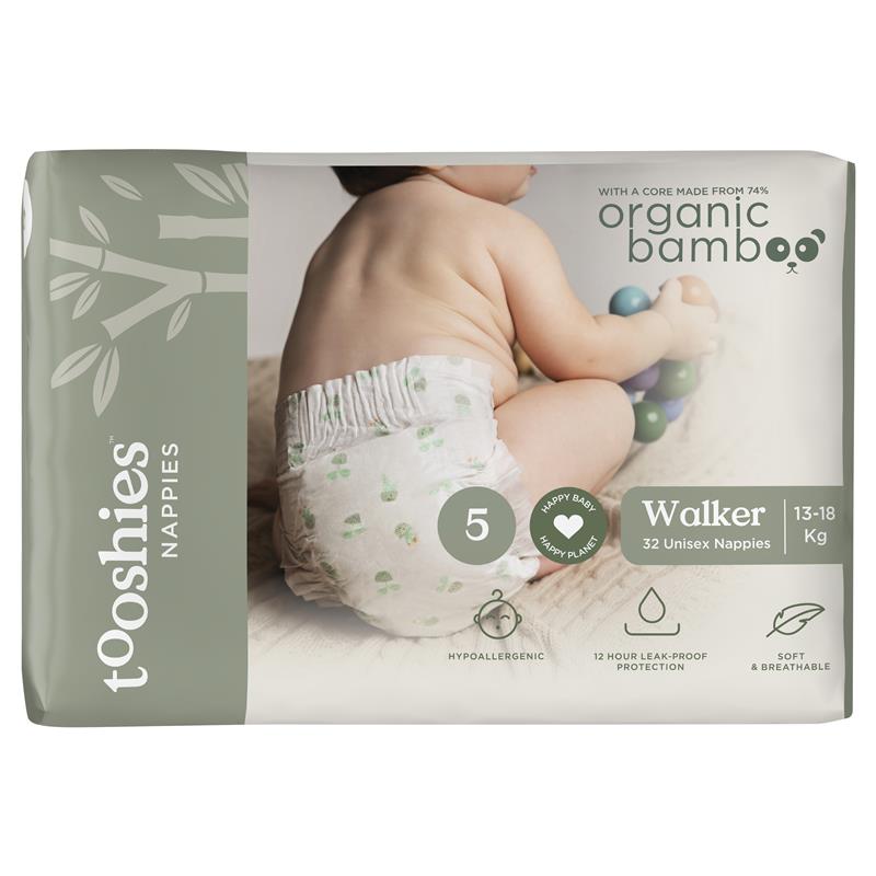 Tooshies Eco Nappies with Organic Bamboo Size 5 Walker 13-18kg, 32 pack