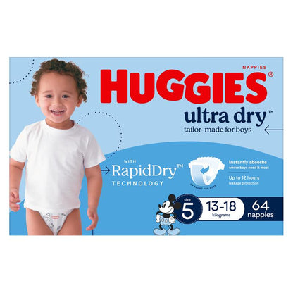 Huggies Ultra Dry Nappies Boy Size 5 Jumbo 64 Pack
