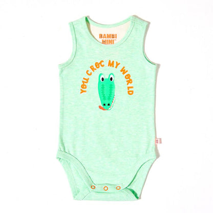 Bambi Mini Co. Supersinglet Bodysuit Boys Green Croc and Triangles 2 pack 6-12