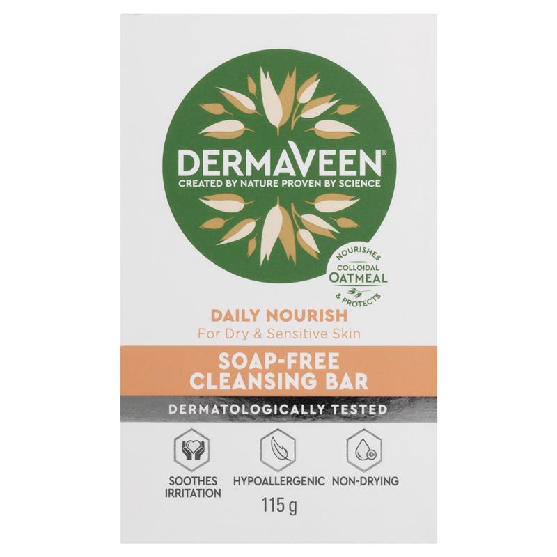 DermaVeen Daily Nourish Soap-Free Cleansing Bar for Dry & Sensitive Skin 115g