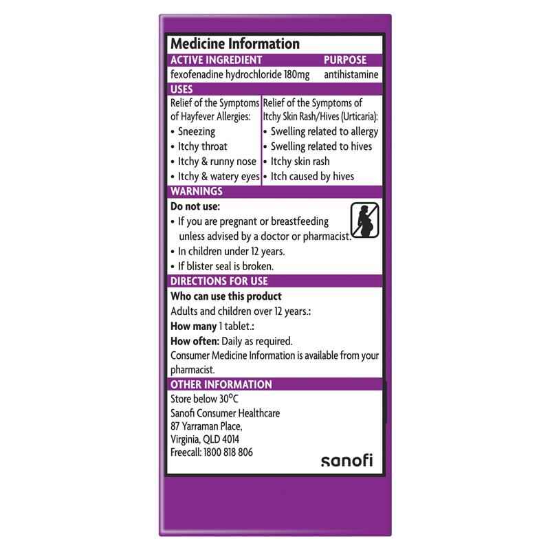 Telfast Hayfever Allergy Relief 180mg Antihistamine Tablets Non-Drowsy - 30 Pack