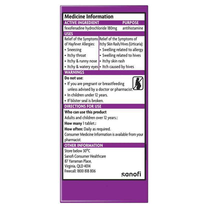Telfast Hayfever Allergy Relief 180mg Antihistamine Tablets Non-Drowsy - 30 Pack