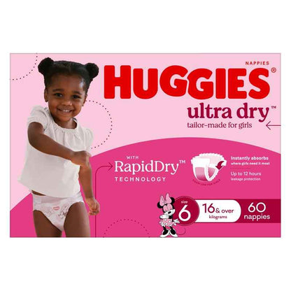 Huggies Ultra Dry Nappies Girl Size 6 Jumbo 60 Pack