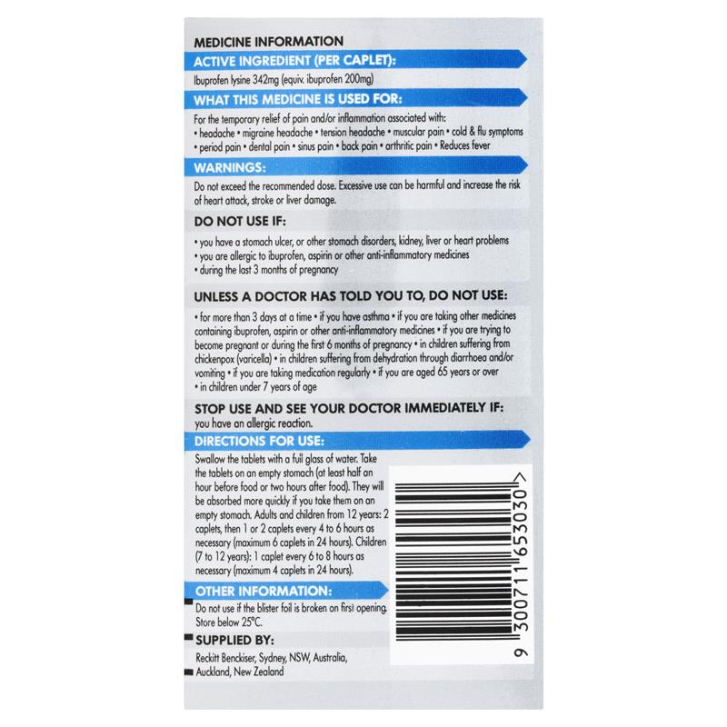 Nurofen Quickzorb Pain Relief Caplets 24 pack Ibuprofen Lysine 342mg