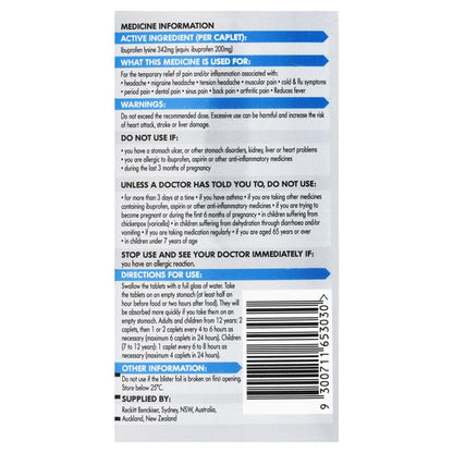 Nurofen Quickzorb Pain Relief Caplets 24 pack Ibuprofen Lysine 342mg