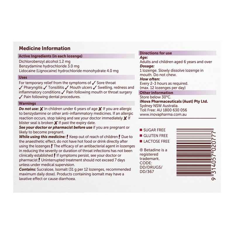 Betadine Sore Throat Anaesthetic Berry 36 Lozenges