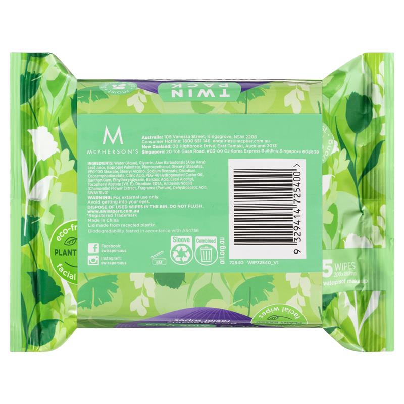 Swisspers Eco Aloe Vera Biodegradable Facial Wipes Twin Pack 2 x 25 Wipes