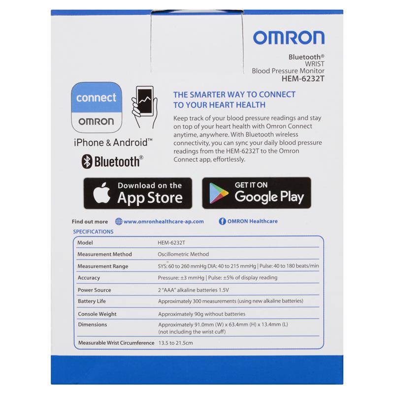 Omron HEM6232T Bluetooth Wrist Blood Pressure Monitor