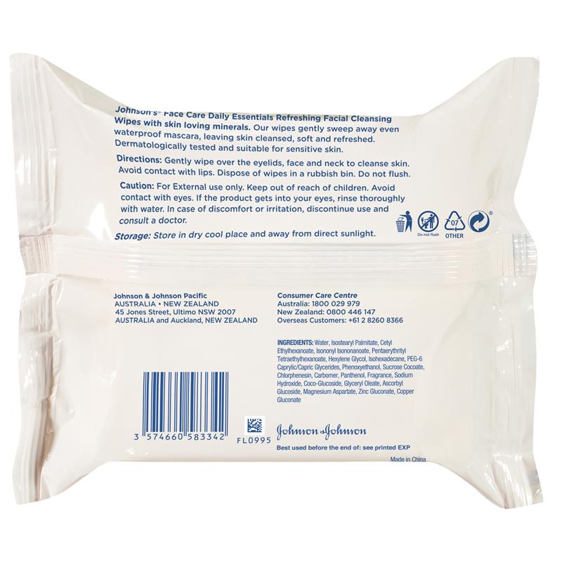 Johnson's Face Care Refreshing Facial Cleansing Wipes For Normal Skin 25 Pack