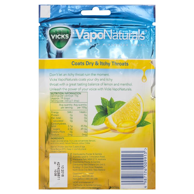 Vicks VapoNaturals Lemon Menthol Throat Lozenges 19 Naturally Flavoured Drops 70g Resealable Bag