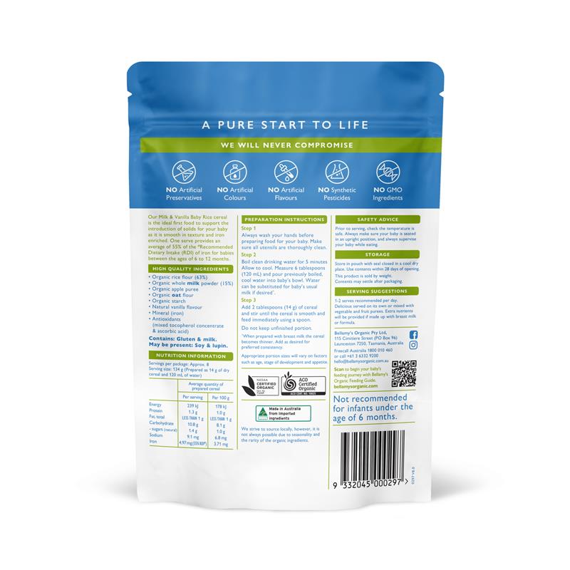 Bellamy's Organic Milk & Vanilla Baby Rice Cereal 125g