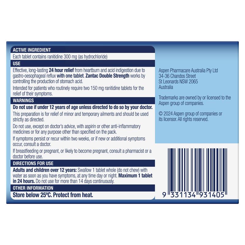 Zantac Double Strength 24 Hour 300mg  14 Tablets