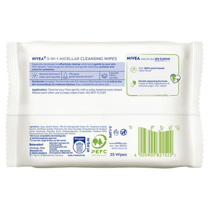 NIVEA 3in1 Micellar Cleansing All Skin Types Wipes 25 Pack