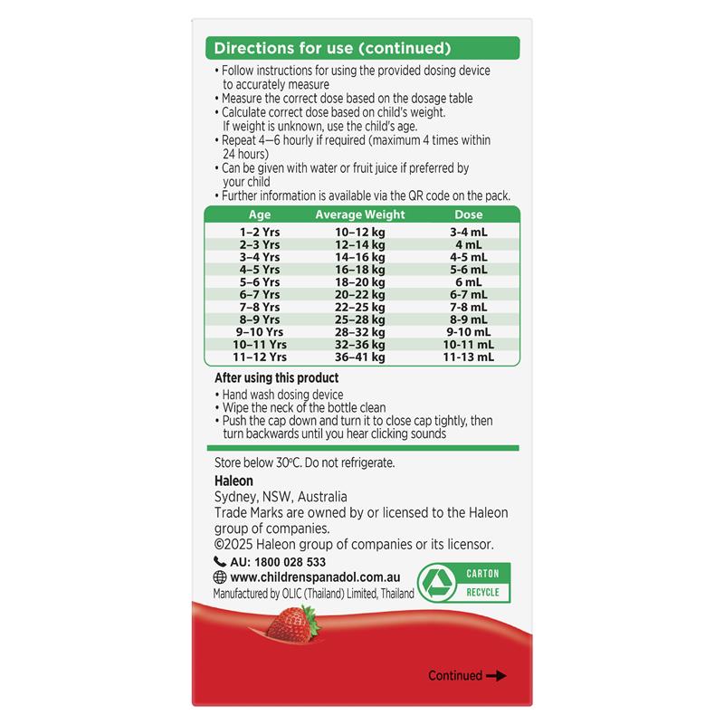 Panadol Children 5-12 Years Suspension Fever & Pain Relief Strawberry Flavour 200ml