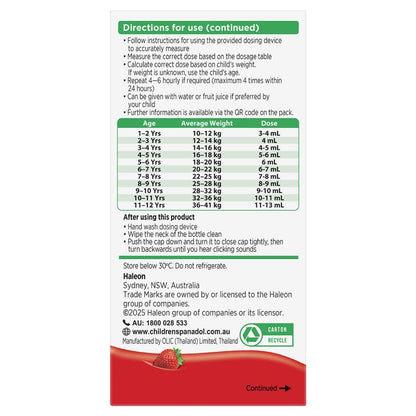 Panadol Children 5-12 Years Suspension Fever & Pain Relief Strawberry Flavour 200ml