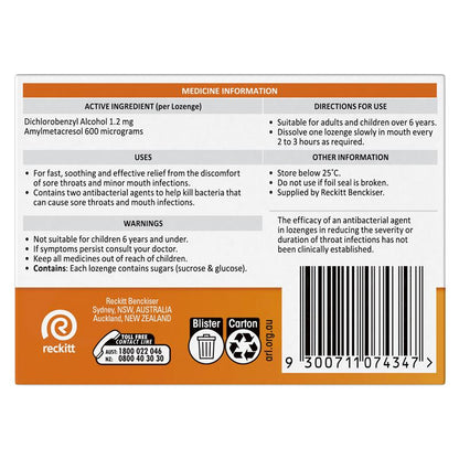 Strepsils Soothing Lozenges Orange 16pk Sore Throat Double Antibacterial