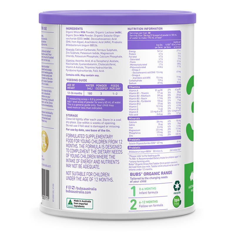Bubs Organic Grass Fed Stage 3 Toddler Milk 800g