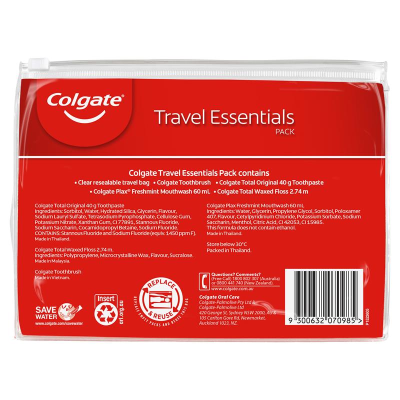 Colgate Travel Essentials Toothbrush, Toothpaste, Mouthwash, Floss & travel bag Pack