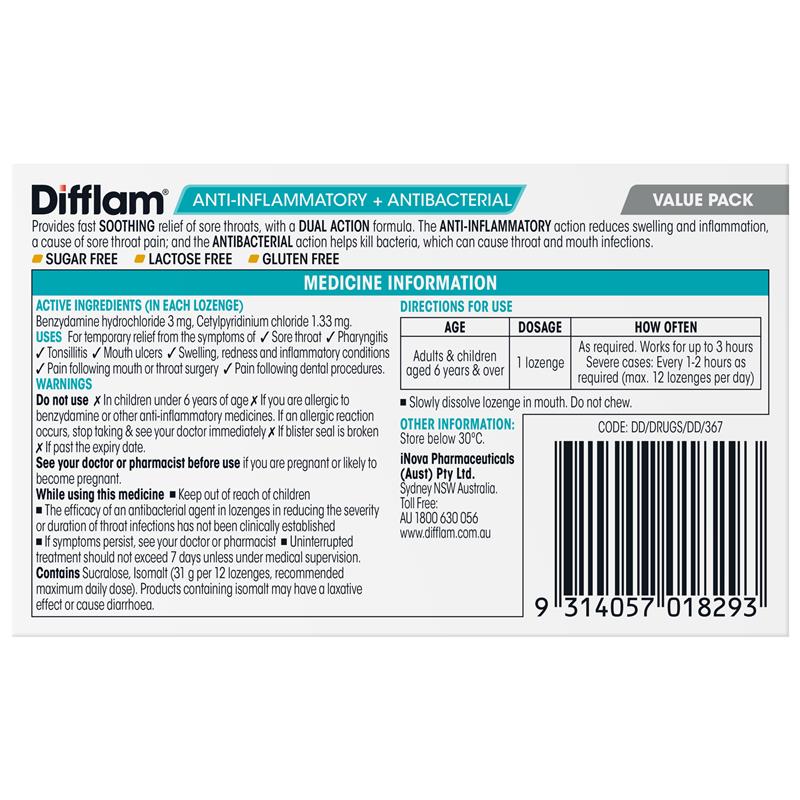 Difflam Sore Throat Sugar Free Honey And Lemon 32 Lozenges