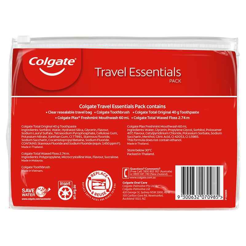 Colgate Travel Essentials Toothbrush, Toothpaste, Mouthwash, Floss & travel bag Pack