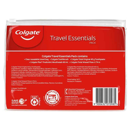 Colgate Travel Essentials Toothbrush, Toothpaste, Mouthwash, Floss & travel bag Pack