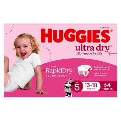 Huggies Ultra Dry Nappies Girl Size 5 Jumbo 64 Pack