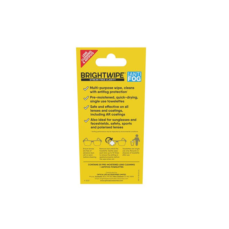 BrightWipe Lens Cleaning Antifog Wipes 20 Pack