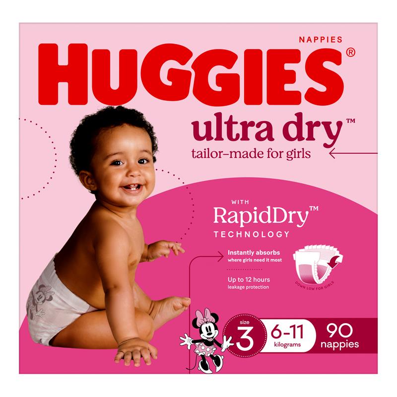 Huggies Ultra Dry Nappies Girl Size 3 Jumbo 90 Pack