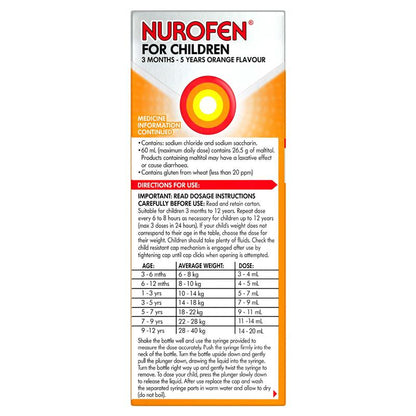 Nurofen For Children 3 months - 5 years Pain and Fever Relief 100mg/5mL Ibuprofen Orange 200mL