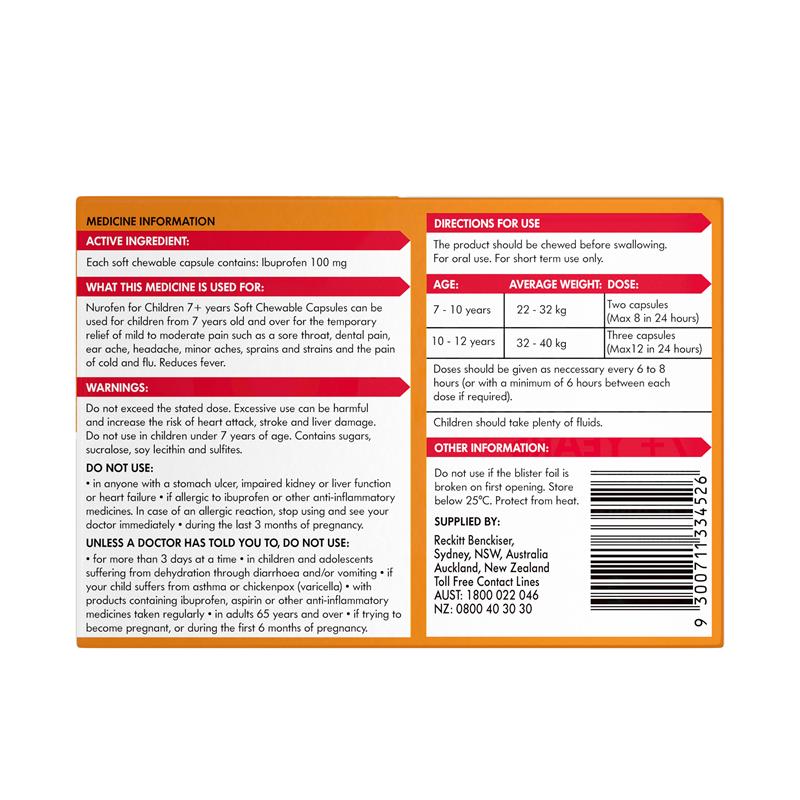 Nurofen For Children 7+ Pain and Fever Relief Chewable Capsules 100mg Ibuprofen Orange 24 pack