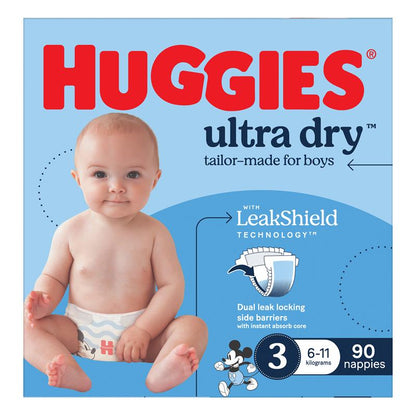 Huggies Ultra Dry Nappies Boys Size 3 (6-11kg) 90 Pack