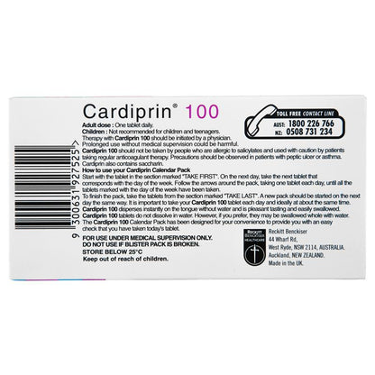 Cardiprin Blood Clotting Reduction Tablets 100mg Aspirin 180 Pack