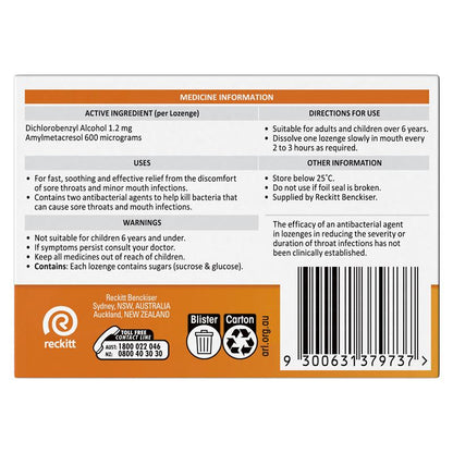 Strepsils Soothing Lozenges Orange 36pk Sore Throat Double Antibacterial
