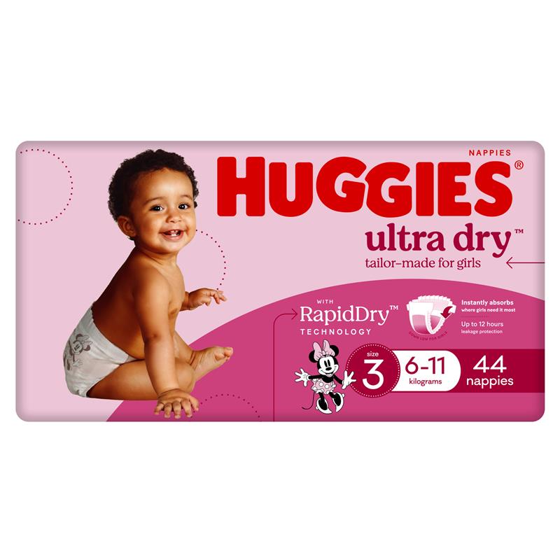 Huggies Ultra Dry Nappies Size 3 Girl 6-11kg Bulk 44 Pack