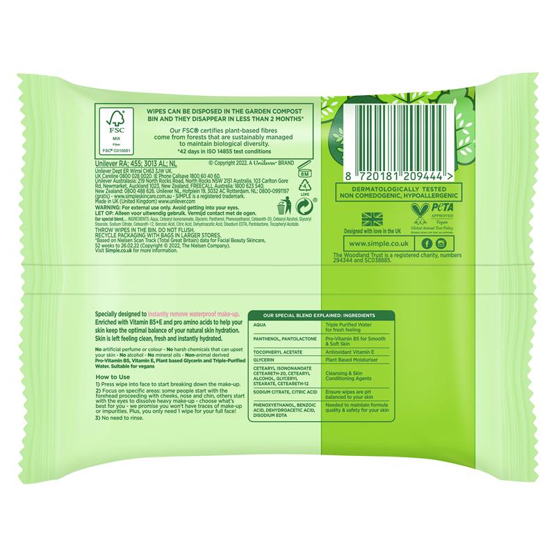 Simple Biodegradable Cleansing Wipes 25 pack