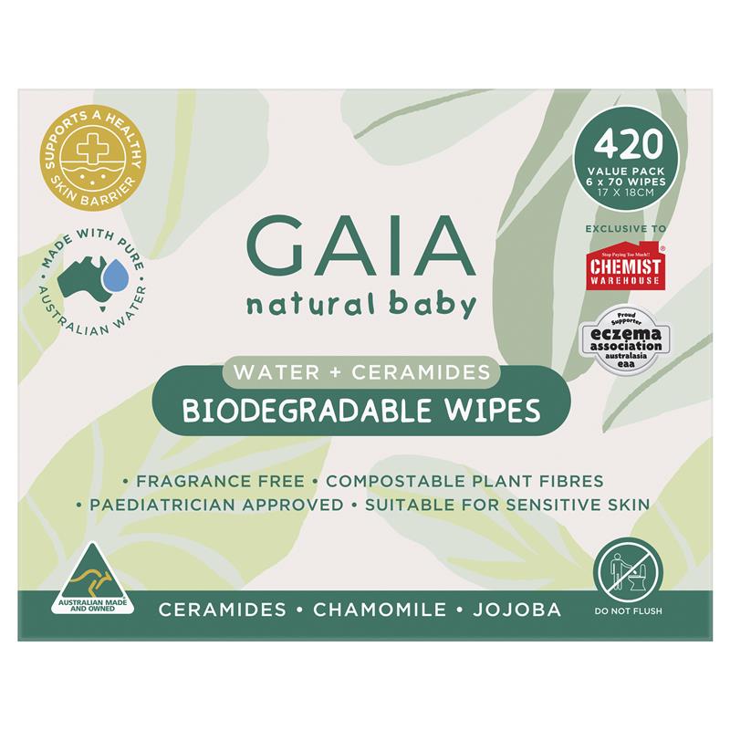 GAIA Biodegradable Water Wipes 6 x 70 Pack Exclusive Size