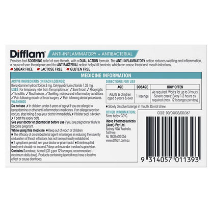 Difflam Sore Throat Sugar Free Raspberry 16 Lozenges