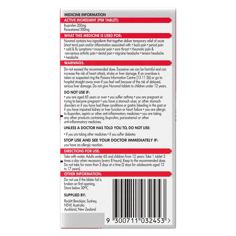 Nuromol Strong Pain Relief Tablets 12 pack Ibuprofen 200mg Paracetamol 500mg