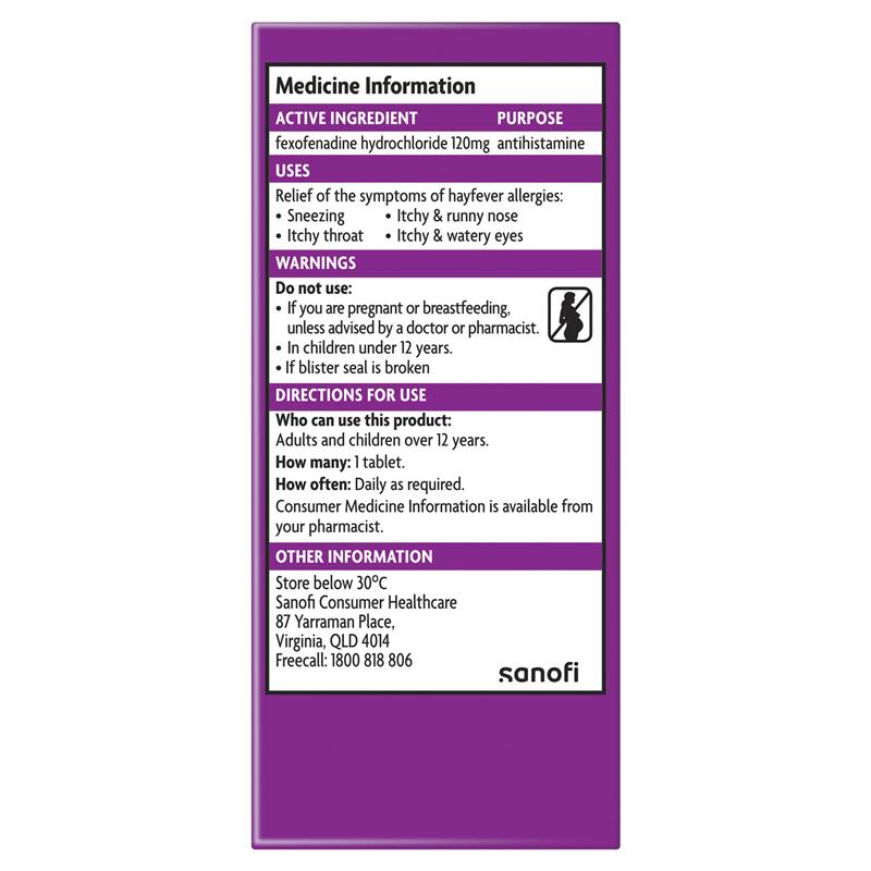 Telfast Hayfever Allergy Relief 120mg Antihistamine Tablets Non-Drowsy - 30 Pack