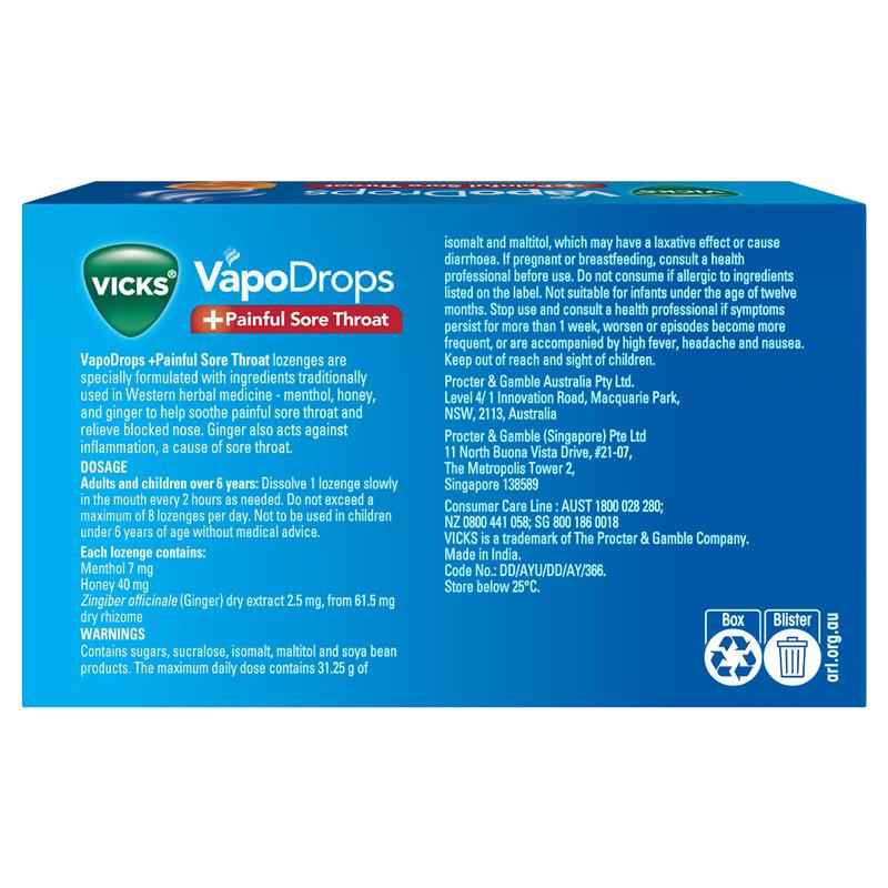 Vicks VapoDrops + Painful Sore Throat Honey 16 Lozenges