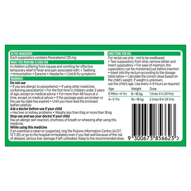 Panadol 125mg 6 Months - 5 Years 10 Suppositories
