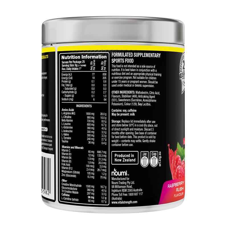 Vital Strength Pre Workout Powder Raspberry Rush 225g